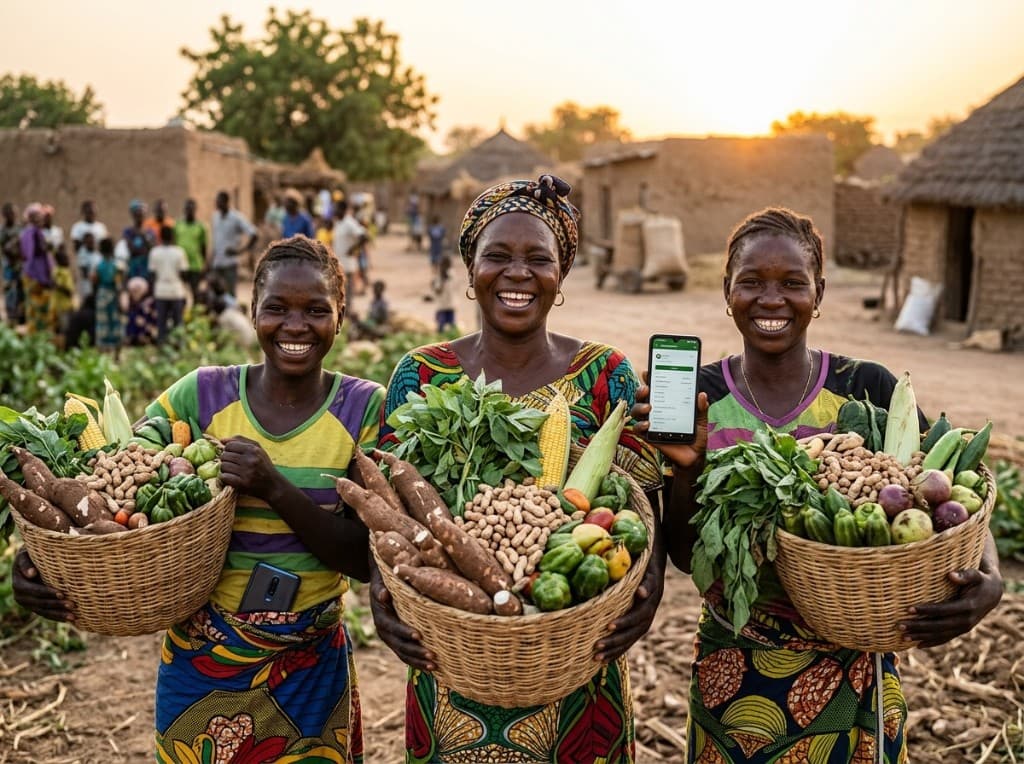 Agriculteurs africains unis autour de la récolte, l'une consulte SoiLinks sur son téléphone