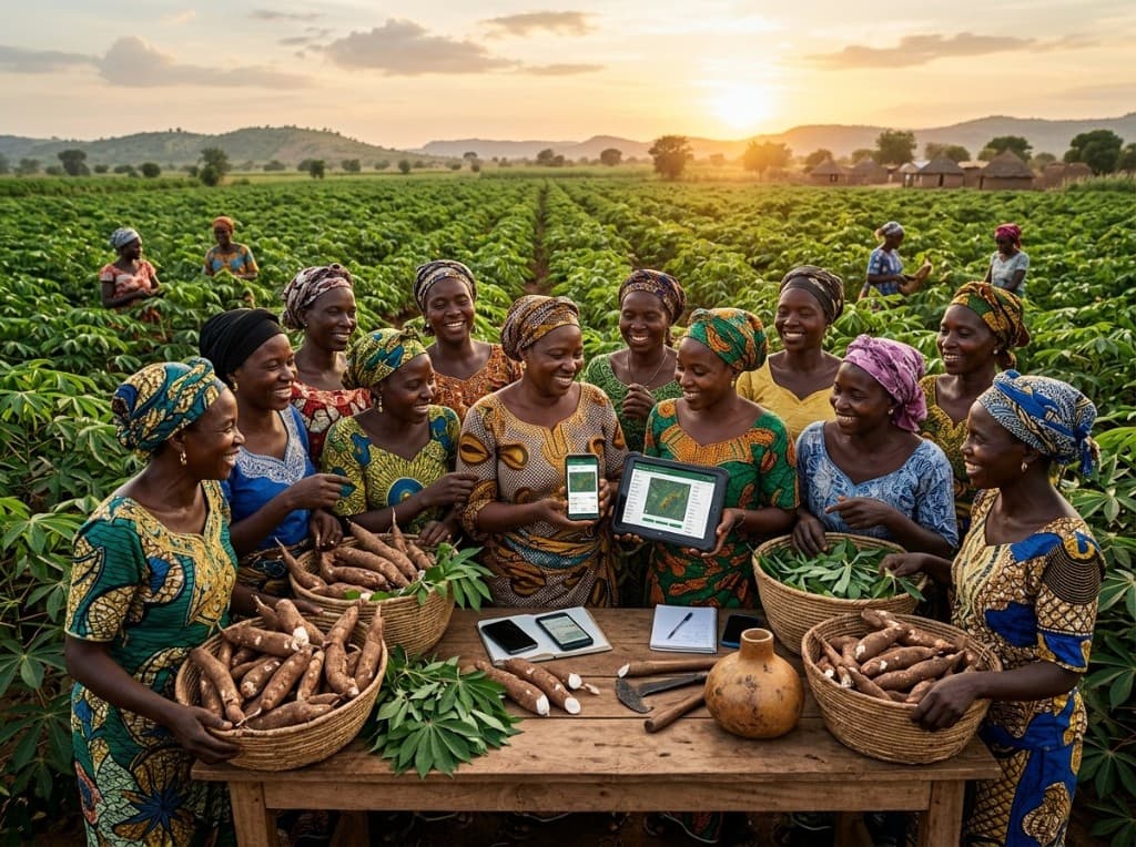 Agriculteurs partageant leurs retours terrain via smartphone et tablette